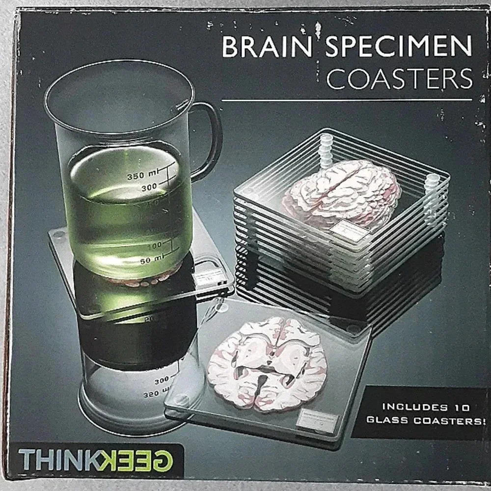 ThinkGeek Brain Specimen Coaster Set | Anatomical Slice Design | Gothic Decor
